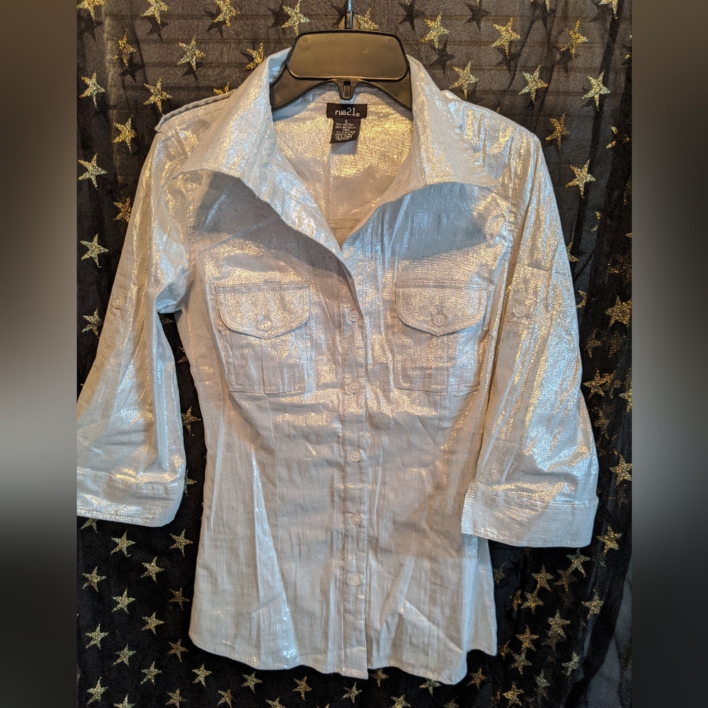 Vintage Rue 21 Metallic Silver Button Up Blouse